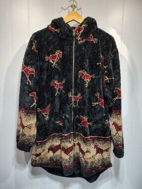 Vintage Mazmania Sherpa Jacket USA Made Hooded Horse Print Fleece Coat Western